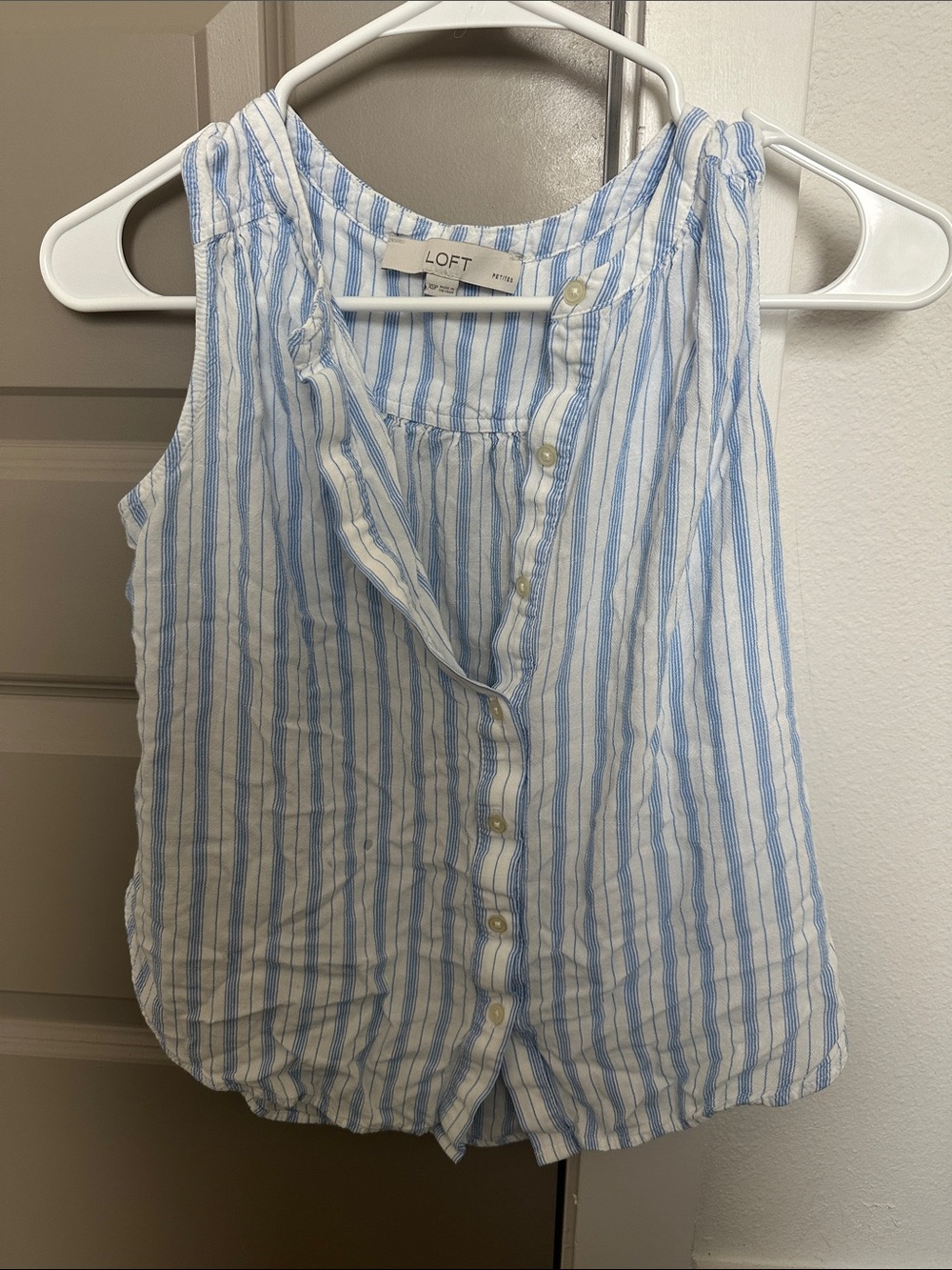 LOFT White and Light Blue Vertical Stripe Sleeveless Button-Front Tank